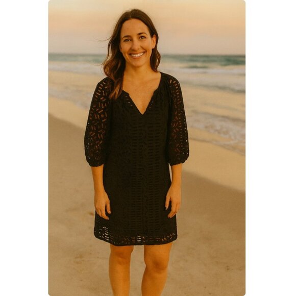 Club Monaco Dress Womens Small Black Crochet Knit Sheer 3/4 Sleeve Pullover - Picture 1 of 4